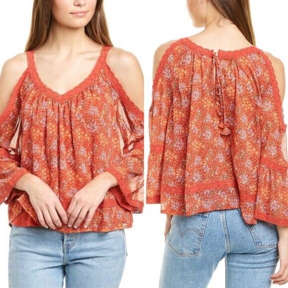 Rebecca Minkoff Deneuve Floral Cold Shoulder Blouse Size XXS Red Bell Sleeve - Picture 2 of 8
